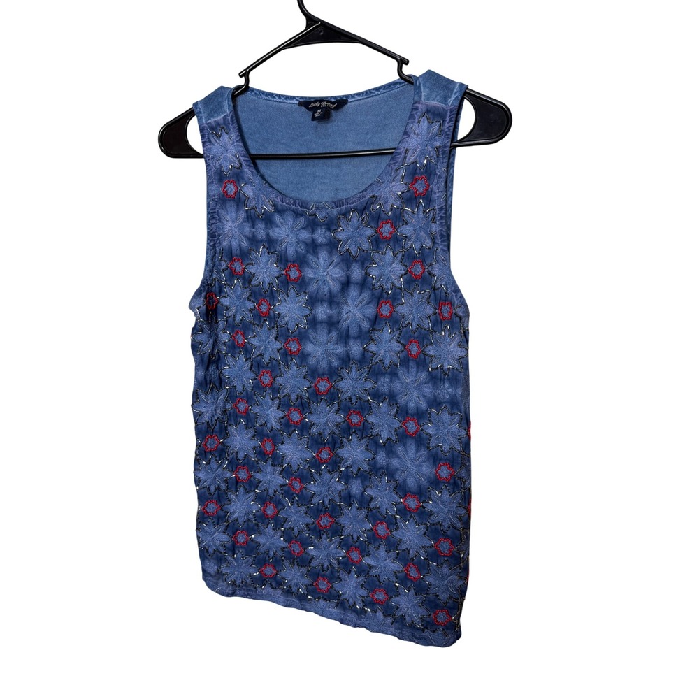 Lucky Brand Embellished Tank Top Women Size M Blue Floral Beaded